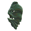 An otherworldly forest-green mask, with mouth agape like some kind of surreal forest-dwelling fish, faces sideways, towards the viewer's left.